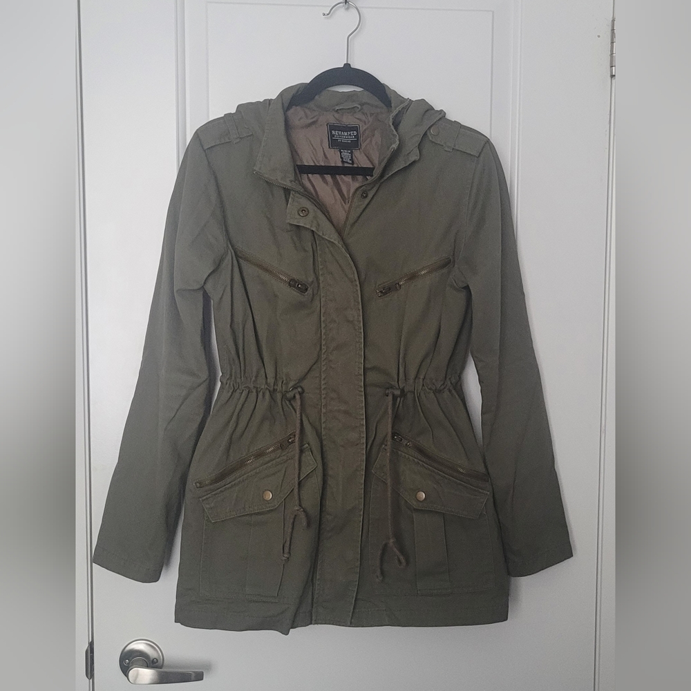 Revamped Olive Green Utility Jacket with Drawstring Waist